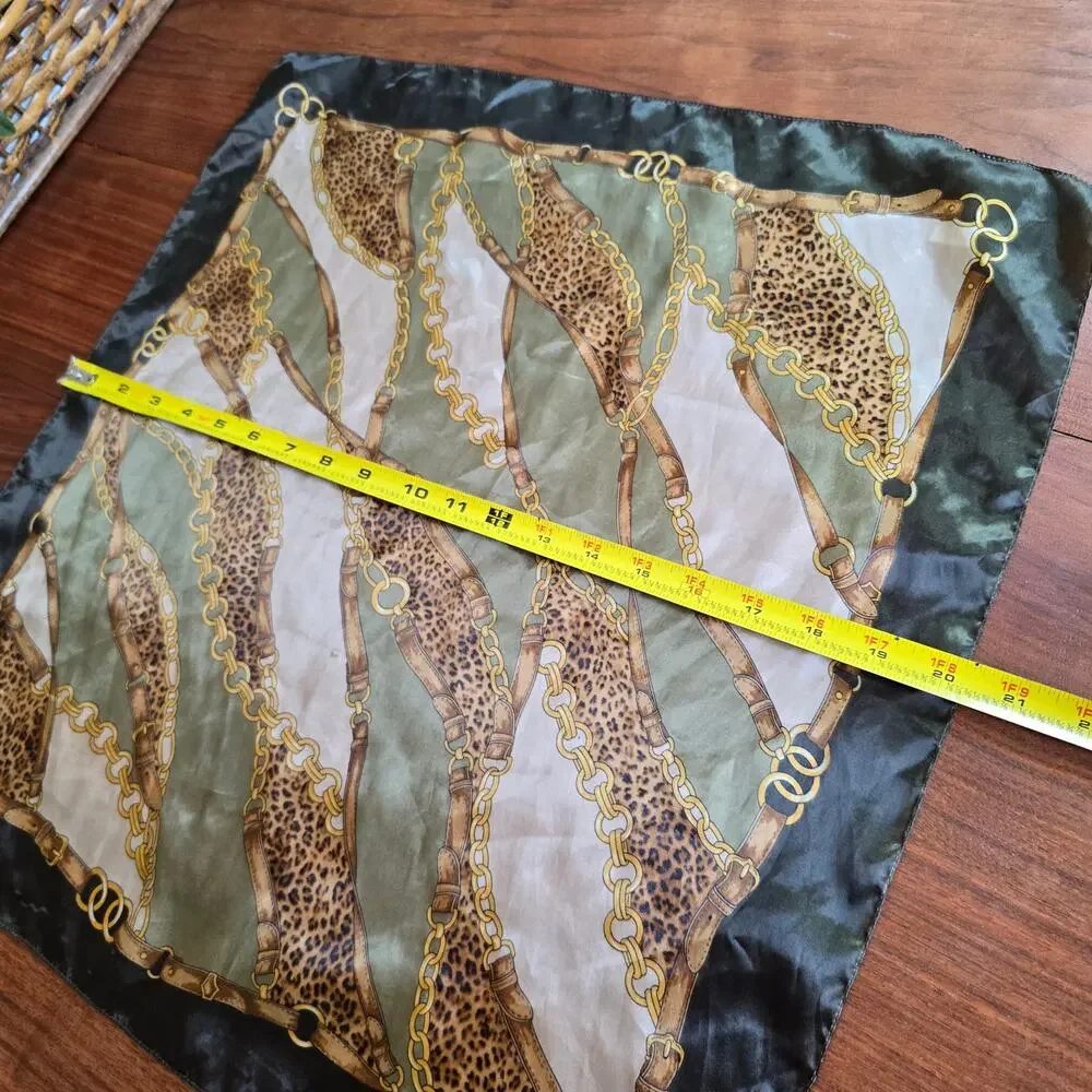 Vintage Kathie Lee Scarf Satin Chain Belt Leopard Green Gold Glam Old Money